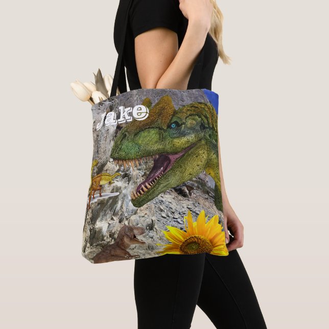 Solrossolens Blommigt Dinosaur Tote Bag Tygkasse (Närbild)