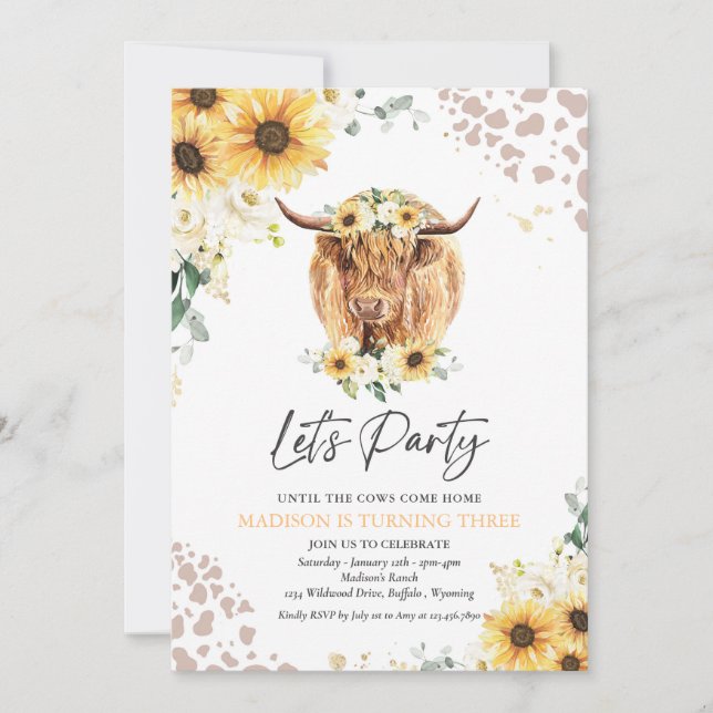 Solrossolens Blommigt Highland Cow Födelsedagsfest Inbjudningar (Framsida)