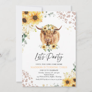 Solrossolens Blommigt Highland Cow Födelsedagsfest Inbjudningar