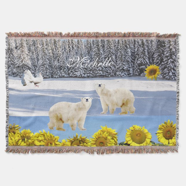 Solrossolens Blommigt Polar Bear Throw Blanket Filt (Framsidan)