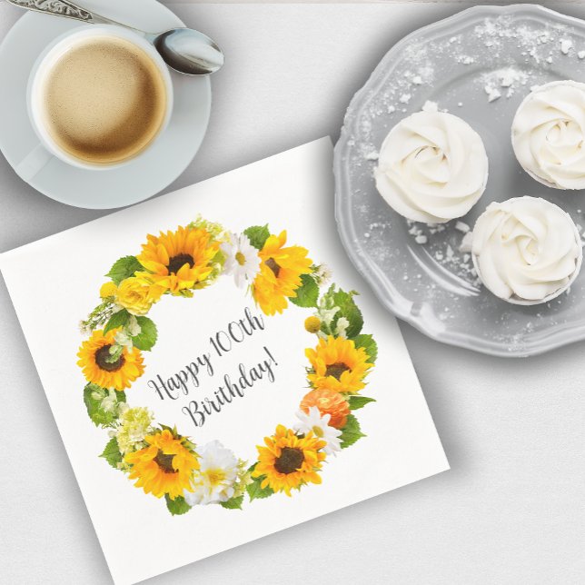 Solrossolens Daisy Blommigt 100:e Födelsedagsfeste Pappersservett (Personalized Napkins Easily Add a Festive Touch!)