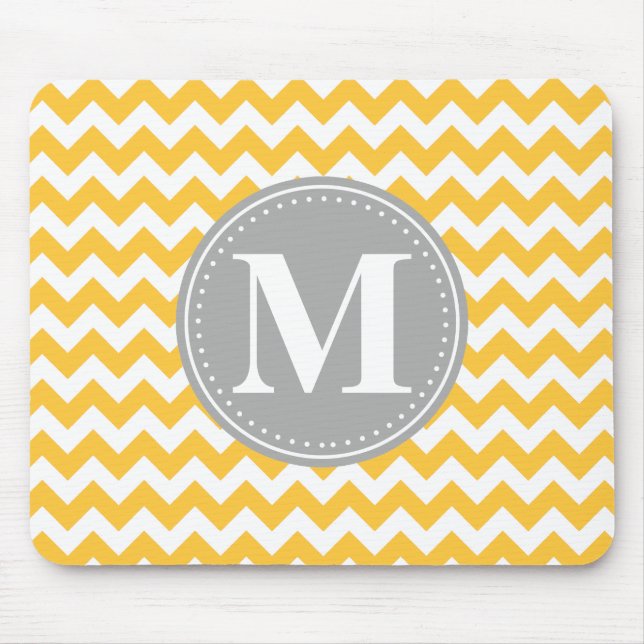 Solrossolens Gult Chevron Mönster Grått Monogram Musmatta (Framsidan)