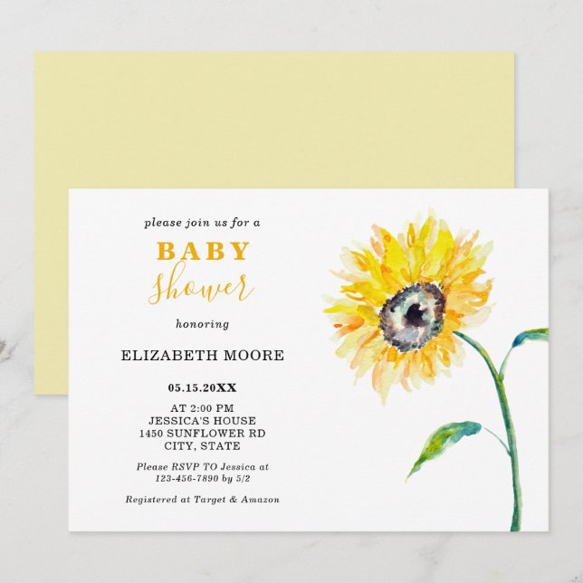 Solrossolja Babydusch elegant enkel Inbjudningar (Fram/baksida)