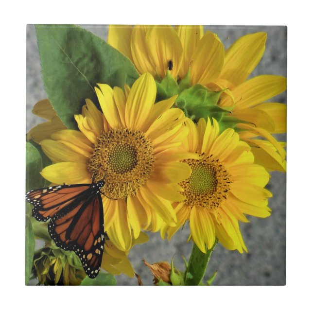 Solrossolja och monarch Butterfly Ceramic Tile Kakelplatta (Framsidan)
