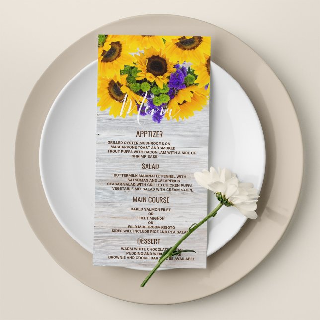 Solrossolrosblomma blommigt Bröllop Menu Program (Rustic white wood sunflower floral Wedding Menu)
