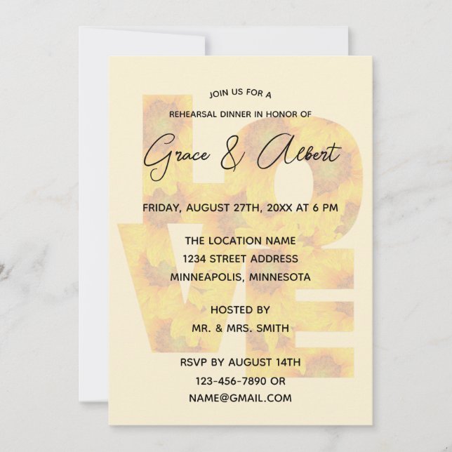 Solrossolrosmiddagen Elegant-KÄRLEK Rehearsal Inbjudningar (Framsida)