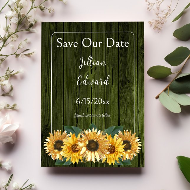 Solrossolrosspara datumet för Grönt Meddelande (Rustic Green Sunflower Save the Date)
