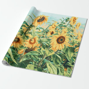 Solrossols Fält Gult Teal Decoupage Blommigt Art Presentpapper