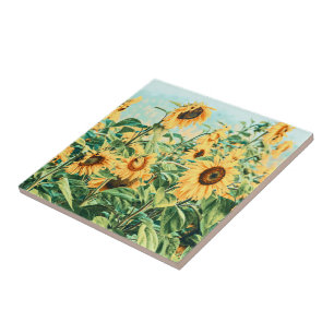 Solrossolutkast Fält Gult Teal Blommigt Art Desig Kakelplatta