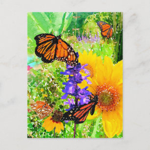 Solrossorden av vattenfärg, monarch Butterfly Vykort
