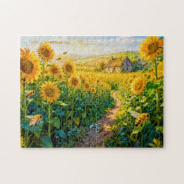Solrosstig Stuga med Katt och Blommande Mea Pussel