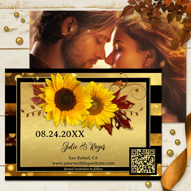 Solrossvart foto med Guld Spara datumkort Spara Datumet (Save the Date card with festive sunflowers and fall leaves on sparkling gold and black stripes)