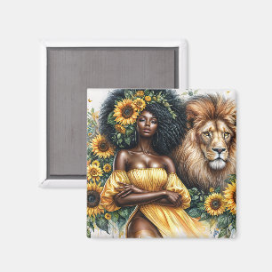 Solrossvart kvinna med Lejon Leo Art Magnet