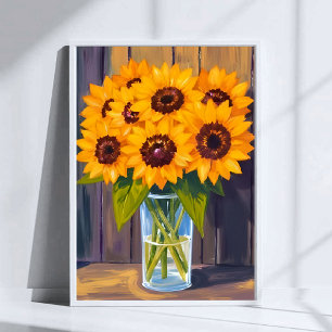 Solrosvas Gul blomsterbukett Vattenfärg Poster
