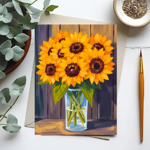 Solrosvas Gul blomsterbukett Vattenfärg Vykort