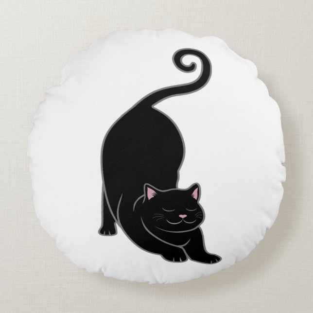Solsalutation Nedåtvänd Svart Kitty Katt Yoga Rund Kudde (Framsidan)
