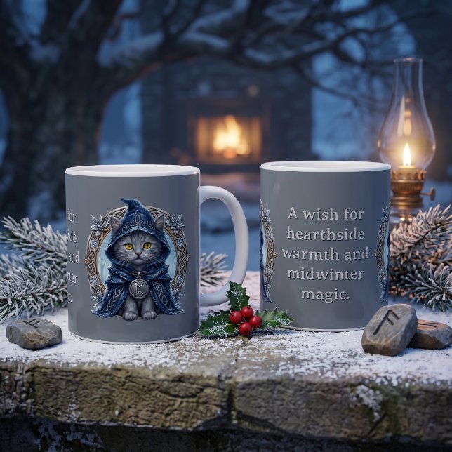 Solsångare Vinter Keltisk Folklore Grå Katt Kaffemugg (Pagan Winter Solstice Celtic Rune Druid Cat Lover mug gift. Yule Christmas gifts. Gray kitten art)