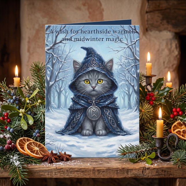 Solsångare Vinter Keltisk Katt Yule Marinblå Kort (Winter Solstice Christmas Yule Midnight Sapphire Navy Blue Gray Kitten Druid Cat Pagan Folklore Rune)