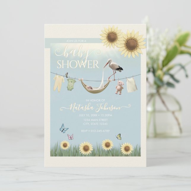 Solsicker Stork Könsneutrala Babyshower Inbjudningar (Stående Fram)