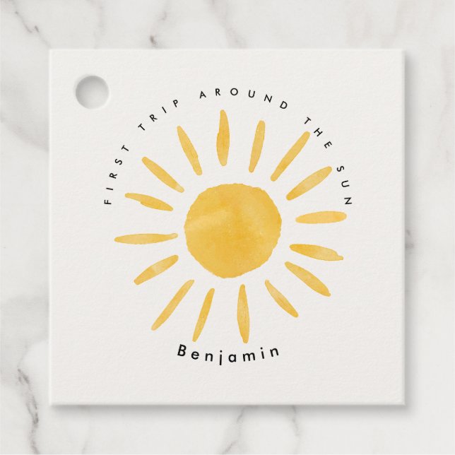 Solsken 1:a födelsedag vattenfärg sol gåvor etiketter (Framsida)