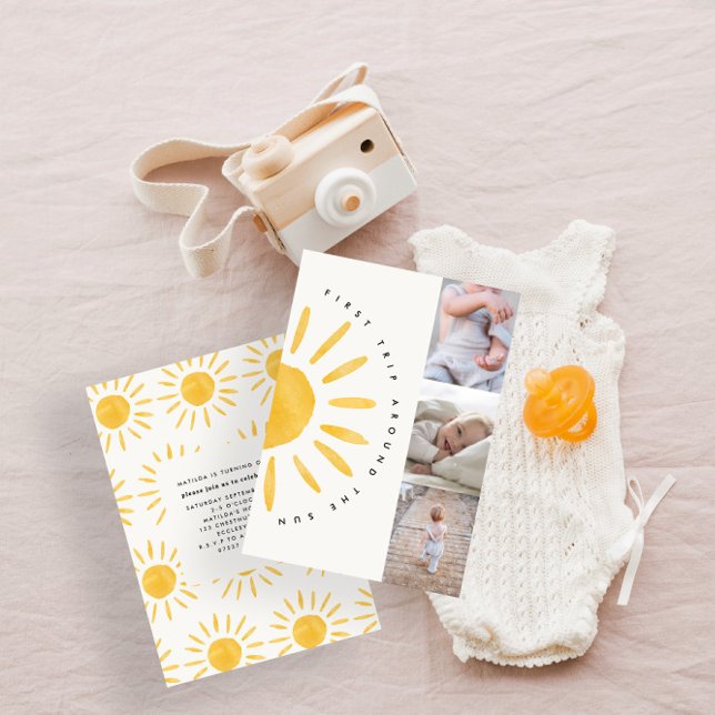 Solsken 1:a födelsedag vattenfärg sol multifoto inbjudningar (Skapare uppladdad)