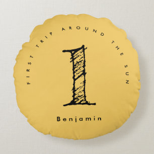 Solsken 1:a födelsedag vattenfärg sol rund kudde