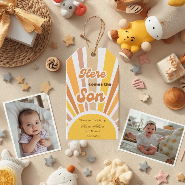 Solsken Baby Shower Boho Retro Gul Solsken Presentetikett (Skapare uppladdad)