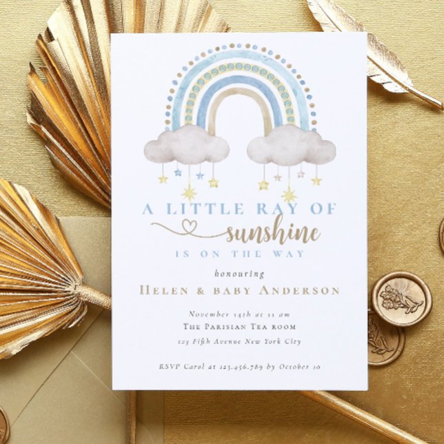 Solsken Blå Boho Regnbåge Pojke Babyfirande Inbjudningar (Blue Watercolor Boho Rainbow Boy Baby Shower Invitation)