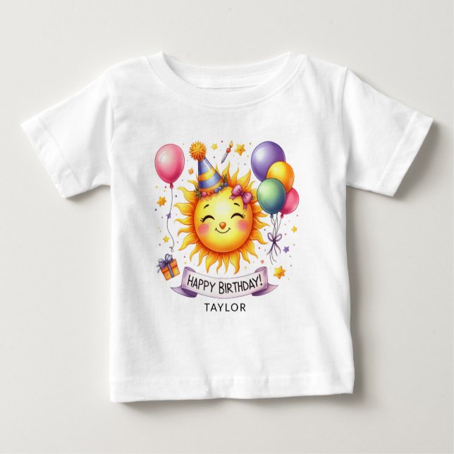 Solsken Glad födelsedag Anpassat namn baby t-shirt (Framsida)