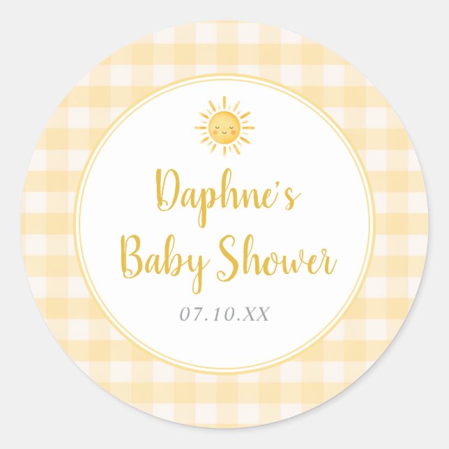 Solsken Gul Gingham Baby Shower Klistermärke (Framsida)