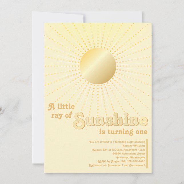 Solsken Guld Sol Första Födelsedag Inbjudningar (Framsida)