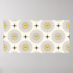 Solsken med Ansikte Celestial Seamless Mönster Poster
