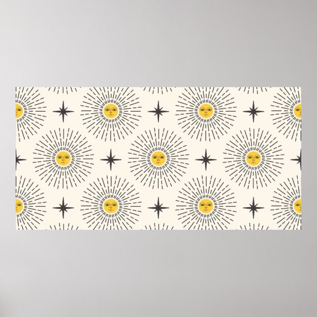 Solsken med Ansikte Celestial Seamless Mönster Poster (Framsidan)
