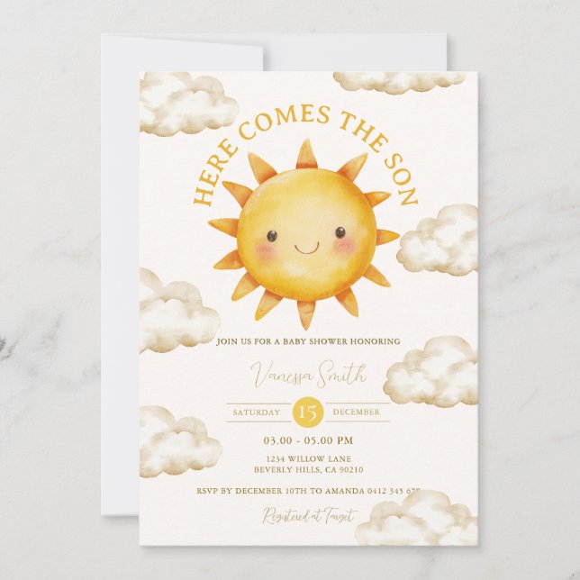 Solsken Moln Här Kommer Sonen Baby Shower Inbjudningar (Framsida)