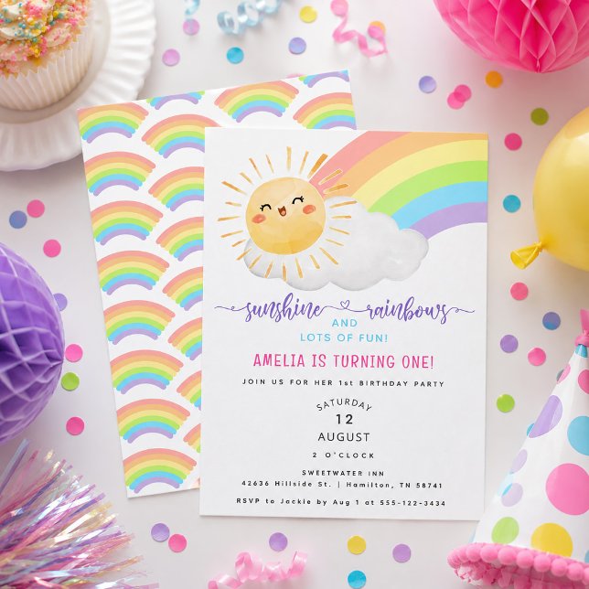 Solsken och regnbågar Första födelsedagsfest Inbjudningar (Sunshine and Rainbows First Birthday Party Invitation)