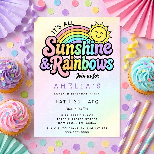 Solsken & Regnbågar Färgglad Flickig Födelsedagsfe Inbjudningar (Sunshine & Rainbows Colorful Girly Birthday Party Invitation)