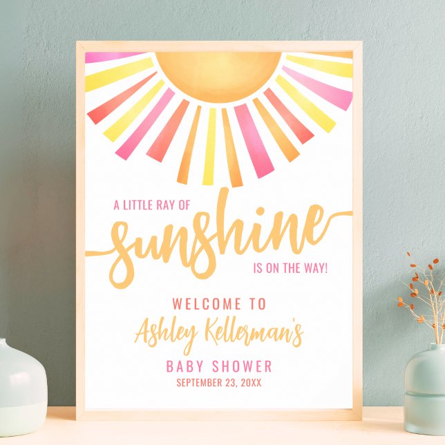 Solsken Rosa Baby Shower Välkomstskylt Poster (Sunshine Bright Pink Baby Shower Welcome Sign)