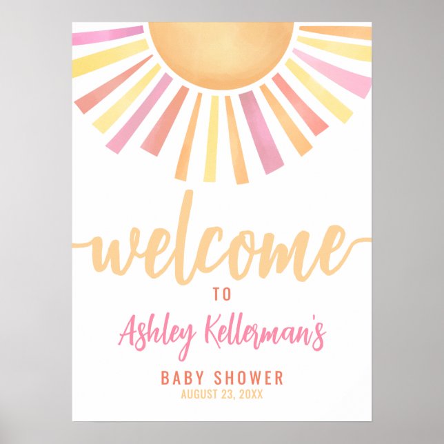 Solsken Rosa Sol Baby Shower Välkomstskylt Poster (Framsidan)