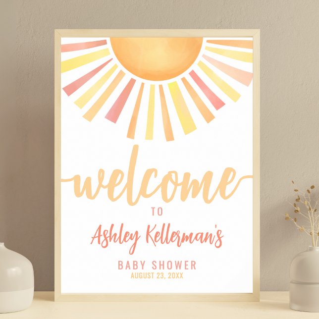 Solsken Rosa Sol Baby Shower Välkomstskylt Poster (Sunshine Pink Sun Baby Shower Welcome Sign)