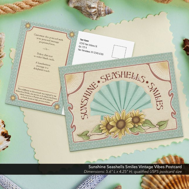 Solsken Snigelskal Leenden Vintagevibbar Vykort (Sunshine, Seashells, & Smiles Vintage Vibes Postcard–Pre-print your return address for easy mailing.)