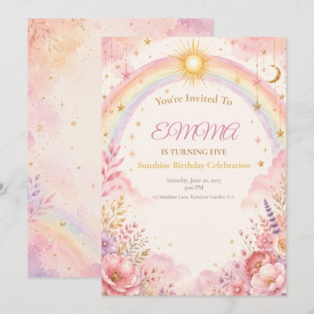 Solskens Födelsedagsinbjudan | Rosa Pastell Boho Inbjudningar (Fram/baksida)