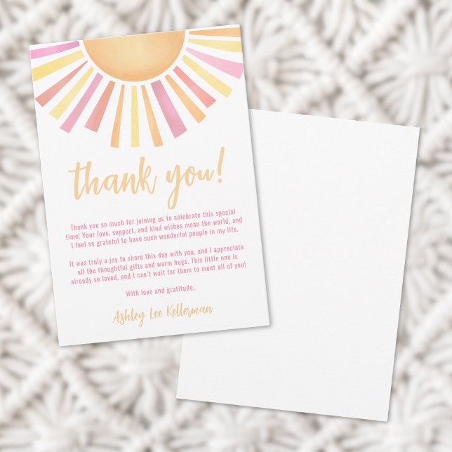 Solskens Rosa Solbarn Babyshower Tack Kort (Sunshine Pink Sun Baby Shower Thank You Card )