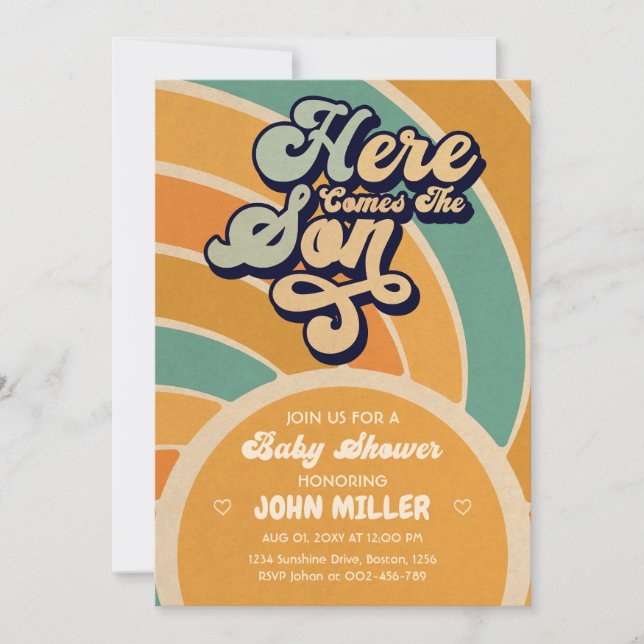 Solskensbabyskor här Kom Son Retro Inbjudningar (Framsida)