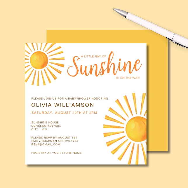 Solskensbabyskor Inbjudningar (Little Ray of Sunshine Baby Shower square invitation)