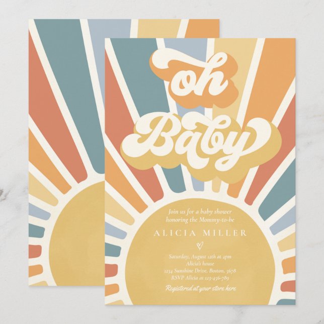 Solskensbabyskor Muren Boho Retro Sunshine Inbjudningar (Fram/baksida)