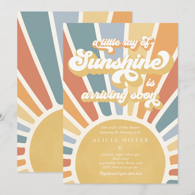Solskensbabyskor Muren Boho Retro Sunshine Inbjudningar (Fram/baksida)