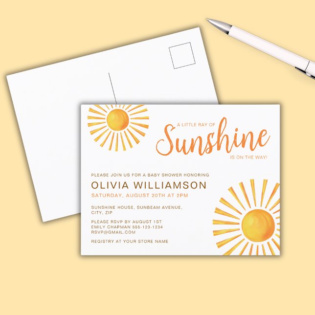 Solskensbabyskor Vykort (Little Ray of Sunshine Baby Shower Invitation Postcard)