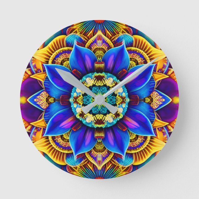 Solskensblå Mandala  Rund Klocka (Framsida)