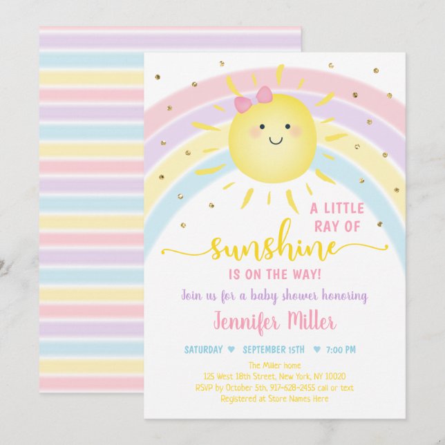 Solskensfärgat regnbåge Rosa Guld Pastel Baby Show Inbjudningar (Fram/baksida)