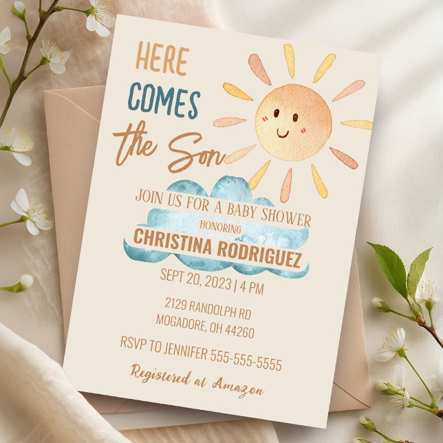 Solskin här kommer inbjudan till Son Baby Shower (Sunshine Here Comes The Son Baby Shower Invitation)